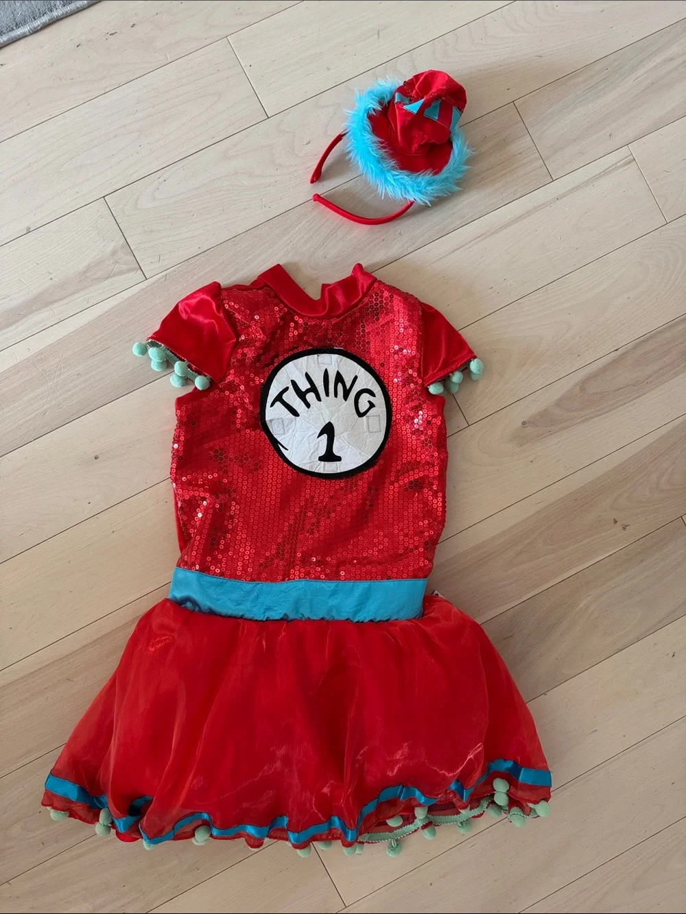 Dr. Seuss Red and Blue Thing 1 Kids Sequin Costume Dress with Pom Trim